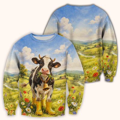 Cute Cow Wearing Boots Meadow Scene Pattern Scrub Top, Comfortable Scrubs for Nurses