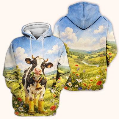 Cute Cow Wearing Boots Meadow Scene Pattern Scrub Top, Comfortable Scrubs for Nurses