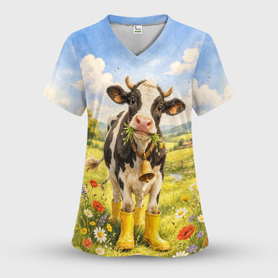 Cute Cow Wearing Boots Meadow Scene Pattern Scrub Top, Comfortable Scrubs for Nurses