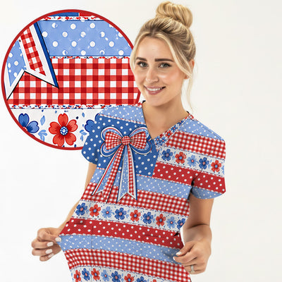 Patriotic Gingham Bow Floral Pattern Scrub Top, Comfortable Scrubs for Nurses