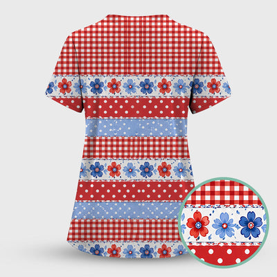 Patriotic Gingham Bow Floral Pattern Scrub Top, Comfortable Scrubs for Nurses