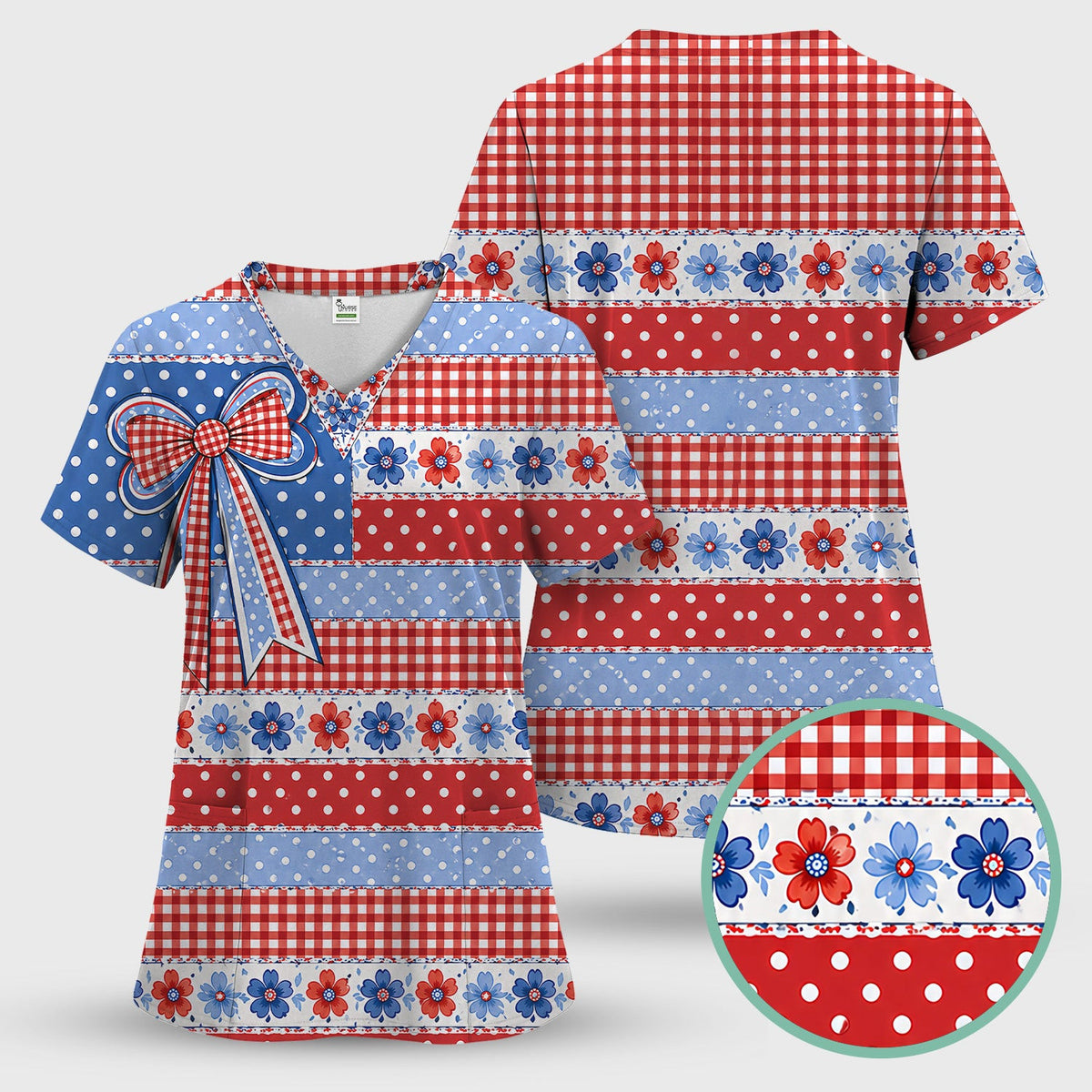 Patriotic Gingham Bow Floral Pattern Scrub Top, Comfortable Scrubs for Nurses