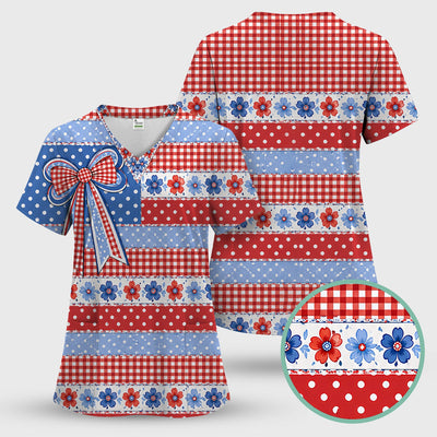 Patriotic Gingham Bow Floral Pattern Scrub Top, Comfortable Scrubs for Nurses
