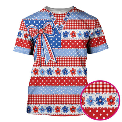 Patriotic Gingham Bow Floral Pattern Scrub Top, Comfortable Scrubs for Nurses