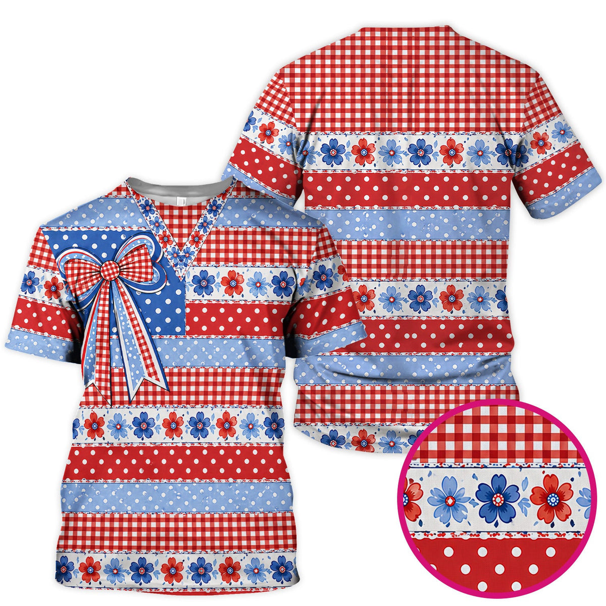 Patriotic Gingham Bow Floral Pattern Scrub Top, Comfortable Scrubs for Nurses