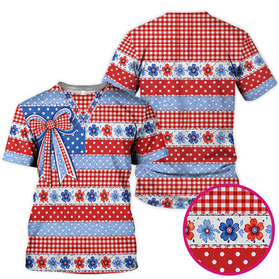 Patriotic Gingham Bow Floral Pattern Scrub Top, Comfortable Scrubs for Nurses
