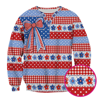 Patriotic Gingham Bow Floral Pattern Scrub Top, Comfortable Scrubs for Nurses