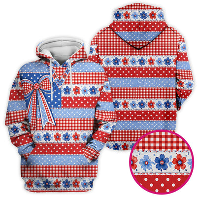 Patriotic Gingham Bow Floral Pattern Scrub Top, Comfortable Scrubs for Nurses