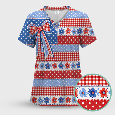 Patriotic Gingham Bow Floral Pattern Scrub Top, Comfortable Scrubs for Nurses
