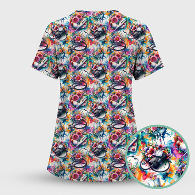 Colorful Medical Tools Floral Pattern Scrub Top, Comfortable Scrubs for Nurses