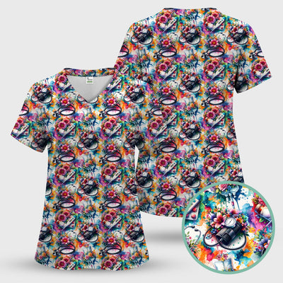 Colorful Medical Tools Floral Pattern Scrub Top, Comfortable Scrubs for Nurses