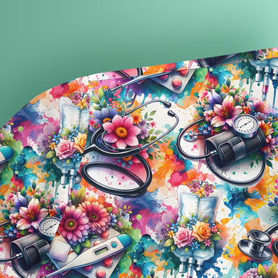 Colorful Medical Tools Floral Pattern Scrub Top, Comfortable Scrubs for Nurses