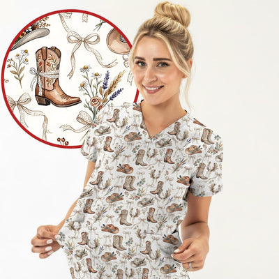 Western Cowboy Boots Hat Floral Pattern Scrub Top, Comfortable Scrubs for Nurses