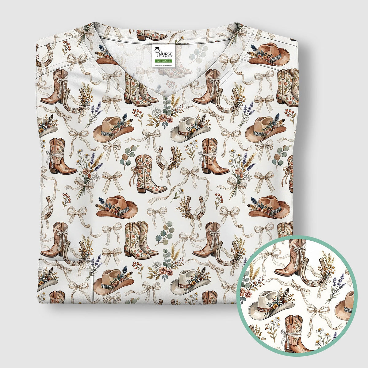 Western Cowboy Boots Hat Floral Pattern Scrub Top, Comfortable Scrubs for Nurses