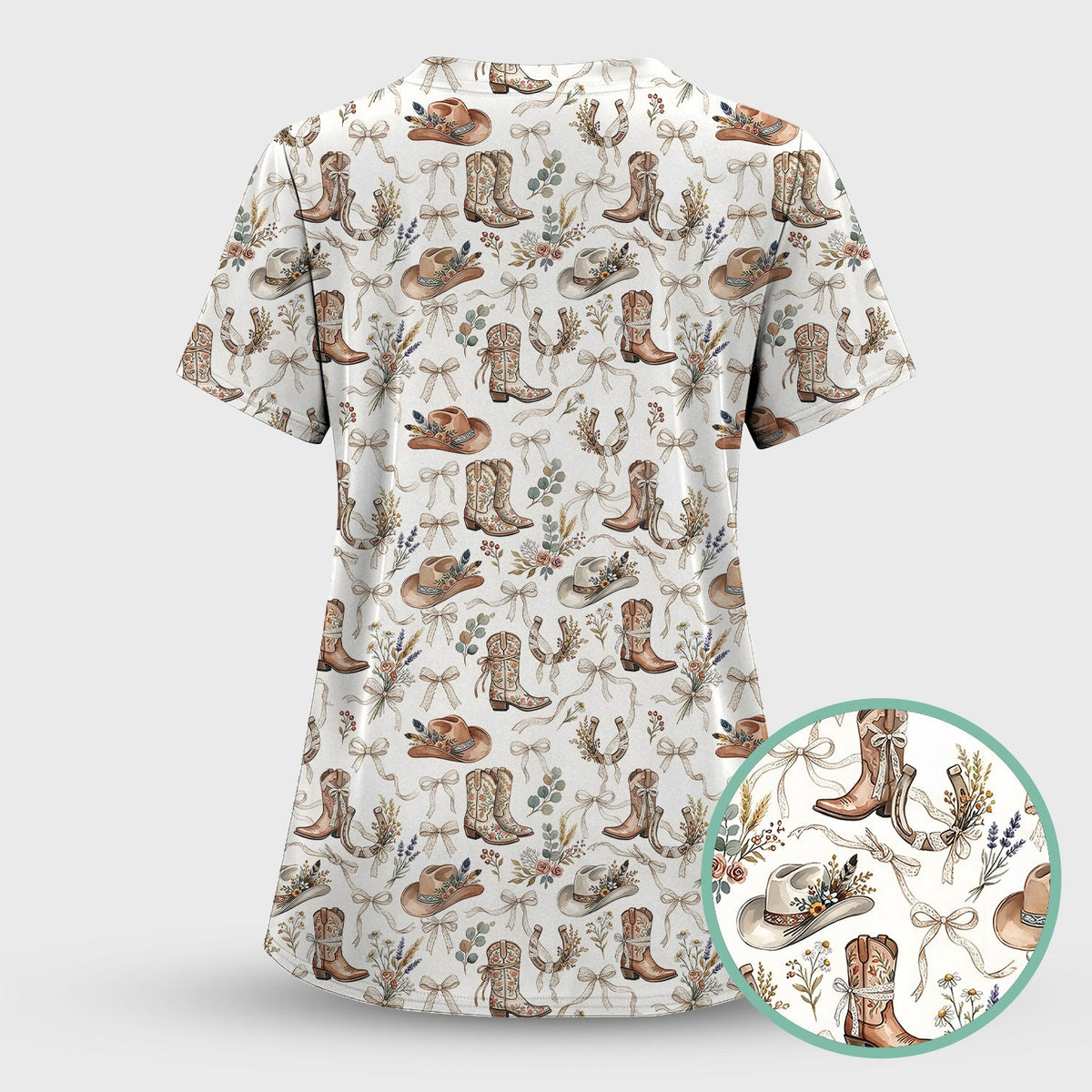Western Cowboy Boots Hat Floral Pattern Scrub Top, Comfortable Scrubs for Nurses