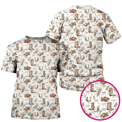 Western Cowboy Boots Hat Floral Pattern Scrub Top, Comfortable Scrubs for Nurses