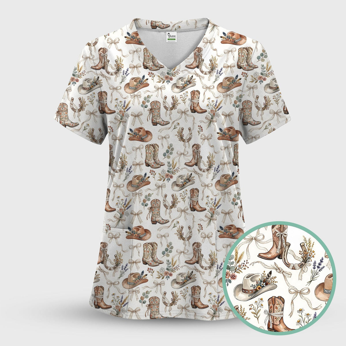 Western Cowboy Boots Hat Floral Pattern Scrub Top, Comfortable Scrubs for Nurses