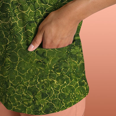 Green Floral Blossom Pattern Scrub Top, Comfortable Scrubs for Nurses