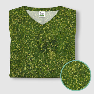 Green Floral Blossom Pattern Scrub Top, Comfortable Scrubs for Nurses