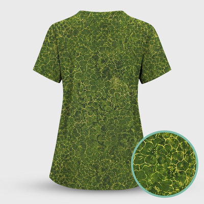 Green Floral Blossom Pattern Scrub Top, Comfortable Scrubs for Nurses