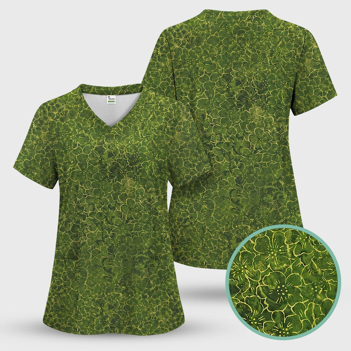 Green Floral Blossom Pattern Scrub Top, Comfortable Scrubs for Nurses