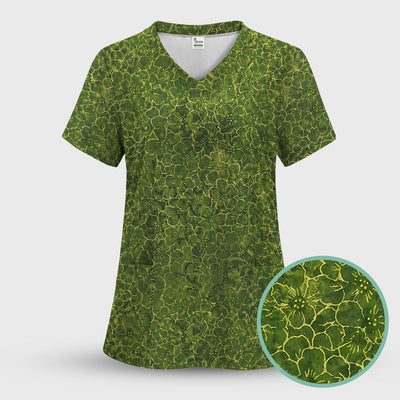 Green Floral Blossom Pattern Scrub Top, Comfortable Scrubs for Nurses