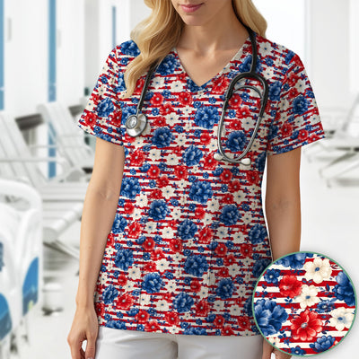 Patriotic Nurse Floral Stripe Pattern Scrub Top, Comfortable Scrubs for Nurses