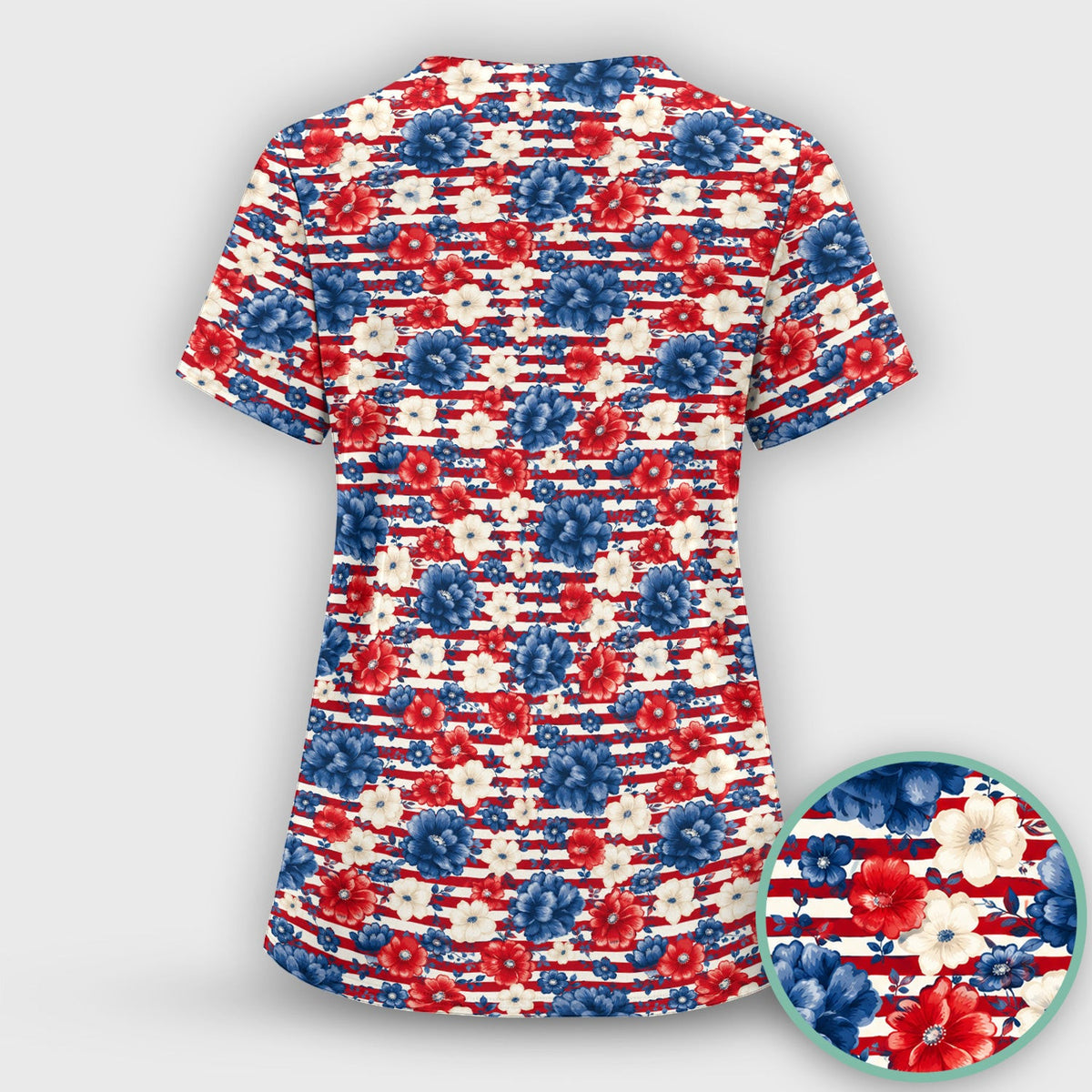 Patriotic Nurse Floral Stripe Pattern Scrub Top, Comfortable Scrubs for Nurses