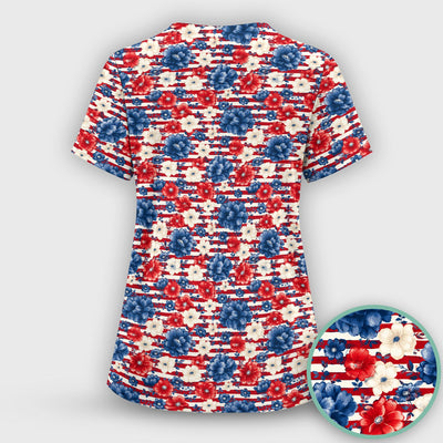 Patriotic Nurse Floral Stripe Pattern Scrub Top, Comfortable Scrubs for Nurses