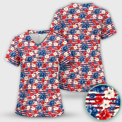 Patriotic Nurse Floral Stripe Pattern Scrub Top, Comfortable Scrubs for Nurses