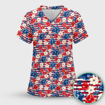 Patriotic Nurse Floral Stripe Pattern Scrub Top, Comfortable Scrubs for Nurses