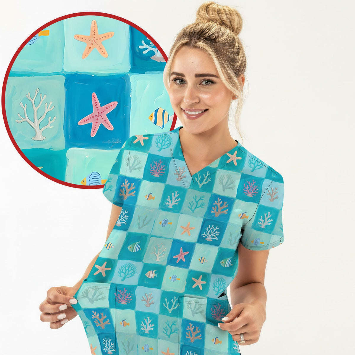 Ocean Coral Fish Checkered Pattern Scrub Top, Comfortable Scrubs for Nurses