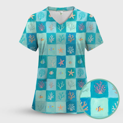 Ocean Coral Fish Checkered Pattern Scrub Top, Comfortable Scrubs for Nurses