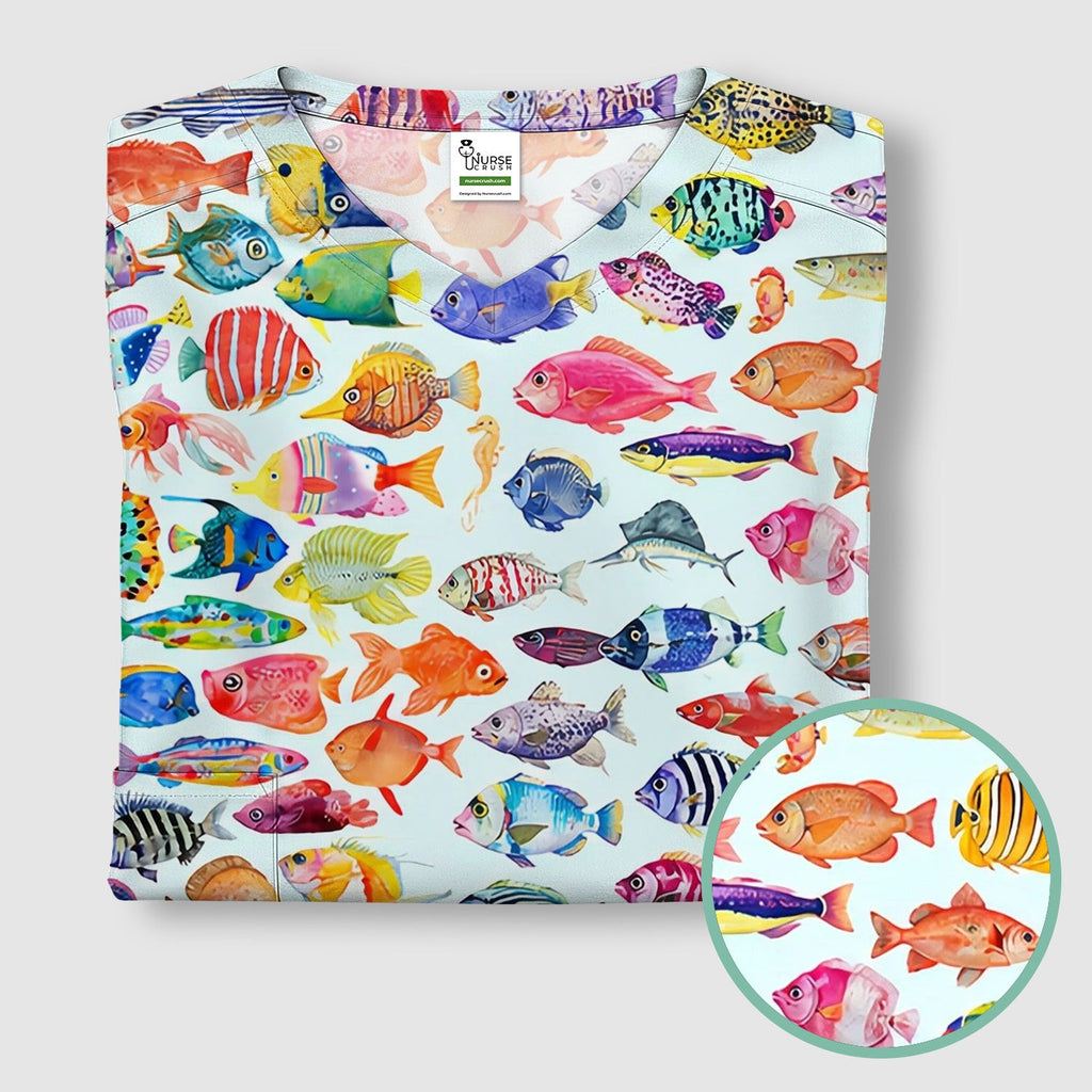 Colorful Tropical Fish Print Scrub Top, Comfortable Scrubs for Nurses