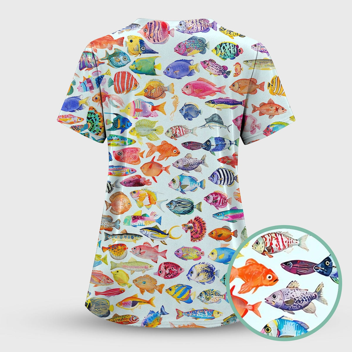Colorful Tropical Fish Print Scrub Top, Comfortable Scrubs for Nurses