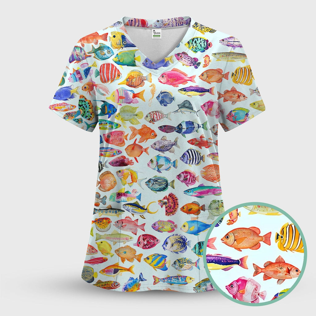 Colorful Tropical Fish Print Scrub Top, Comfortable Scrubs for Nurses