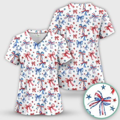 Festive Patriotic Ribbon Bow Star Pattern Scrub Top, Comfortable Scrubs for Nurses