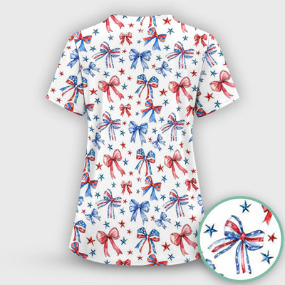 Festive Patriotic Ribbon Bow Star Pattern Scrub Top, Comfortable Scrubs for Nurses