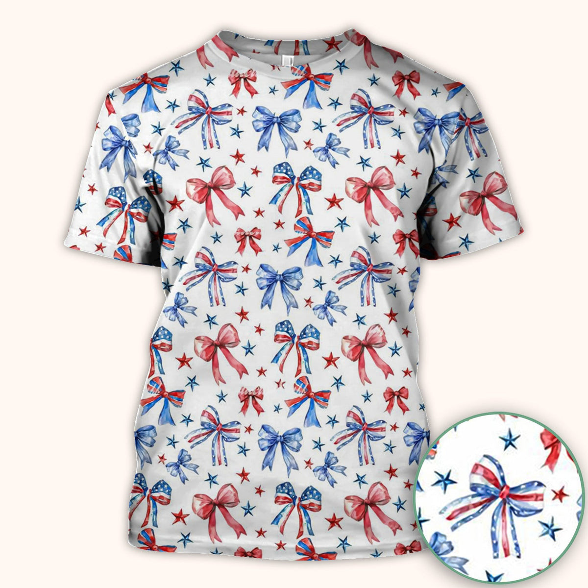 Festive Patriotic Ribbon Bow Star Pattern Scrub Top, Comfortable Scrubs for Nurses