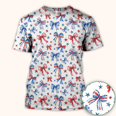 Festive Patriotic Ribbon Bow Star Pattern Scrub Top, Comfortable Scrubs for Nurses