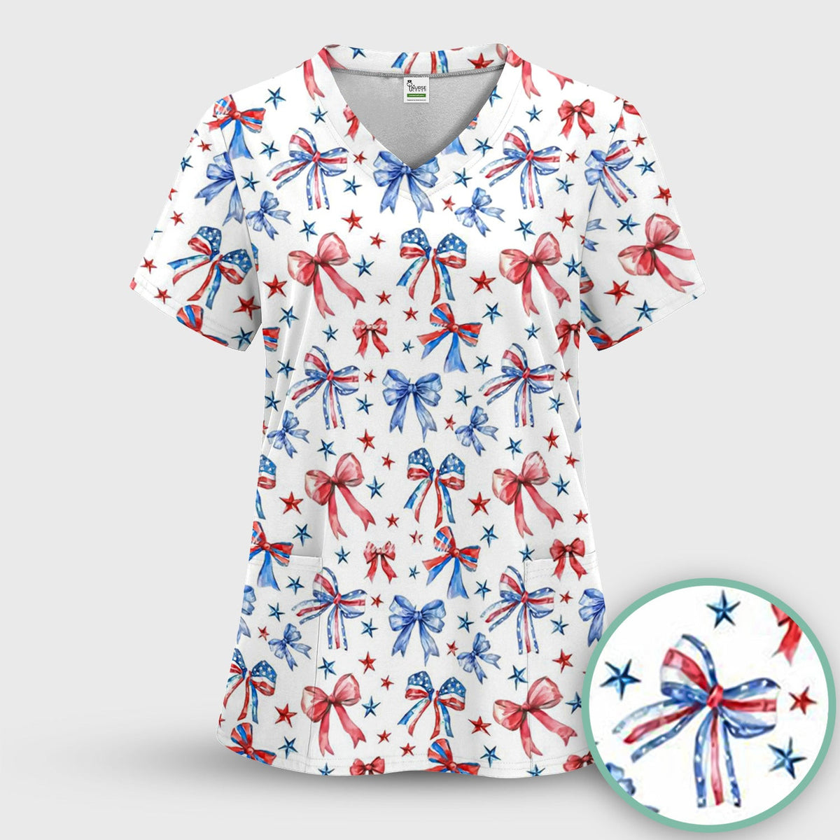Festive Patriotic Ribbon Bow Star Pattern Scrub Top, Comfortable Scrubs for Nurses