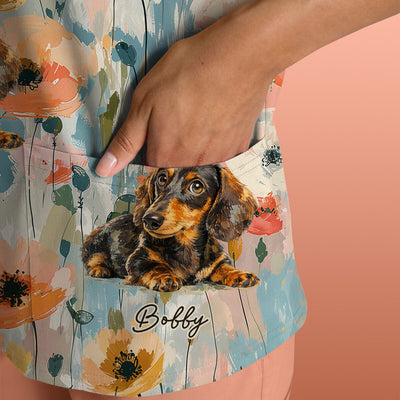 Personalized Dachshund Floral Portrait Pattern Scrub Top, Comfortable Scrubs for Nurses