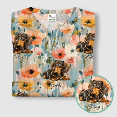Personalized Dachshund Floral Portrait Pattern Scrub Top, Comfortable Scrubs for Nurses