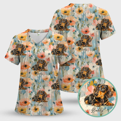 Personalized Dachshund Floral Portrait Pattern Scrub Top, Comfortable Scrubs for Nurses