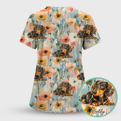 Personalized Dachshund Floral Portrait Pattern Scrub Top, Comfortable Scrubs for Nurses