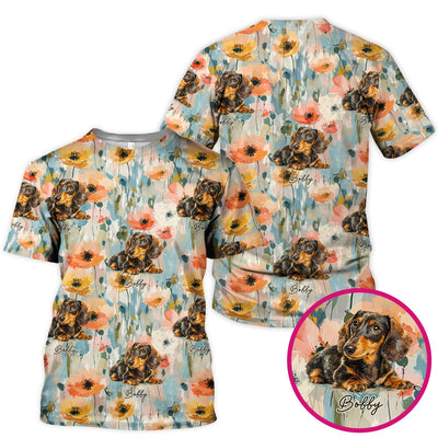 Personalized Dachshund Floral Portrait Pattern Scrub Top, Comfortable Scrubs for Nurses
