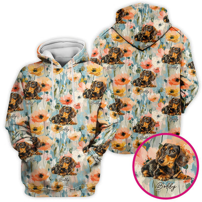 Personalized Dachshund Floral Portrait Pattern Scrub Top, Comfortable Scrubs for Nurses