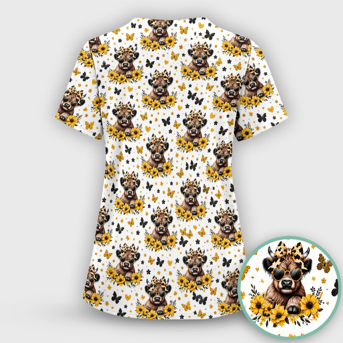 Cow With Sunflower Bow Pattern Scrub Top, Comfortable Scrubs for Nurses