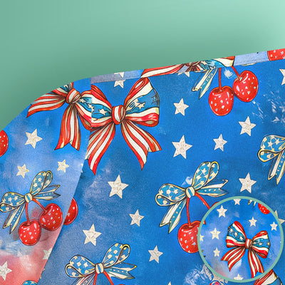 Festive Patriotic Star Bow Cherry Pattern Scrub Top, Comfortable Scrubs for Nurses