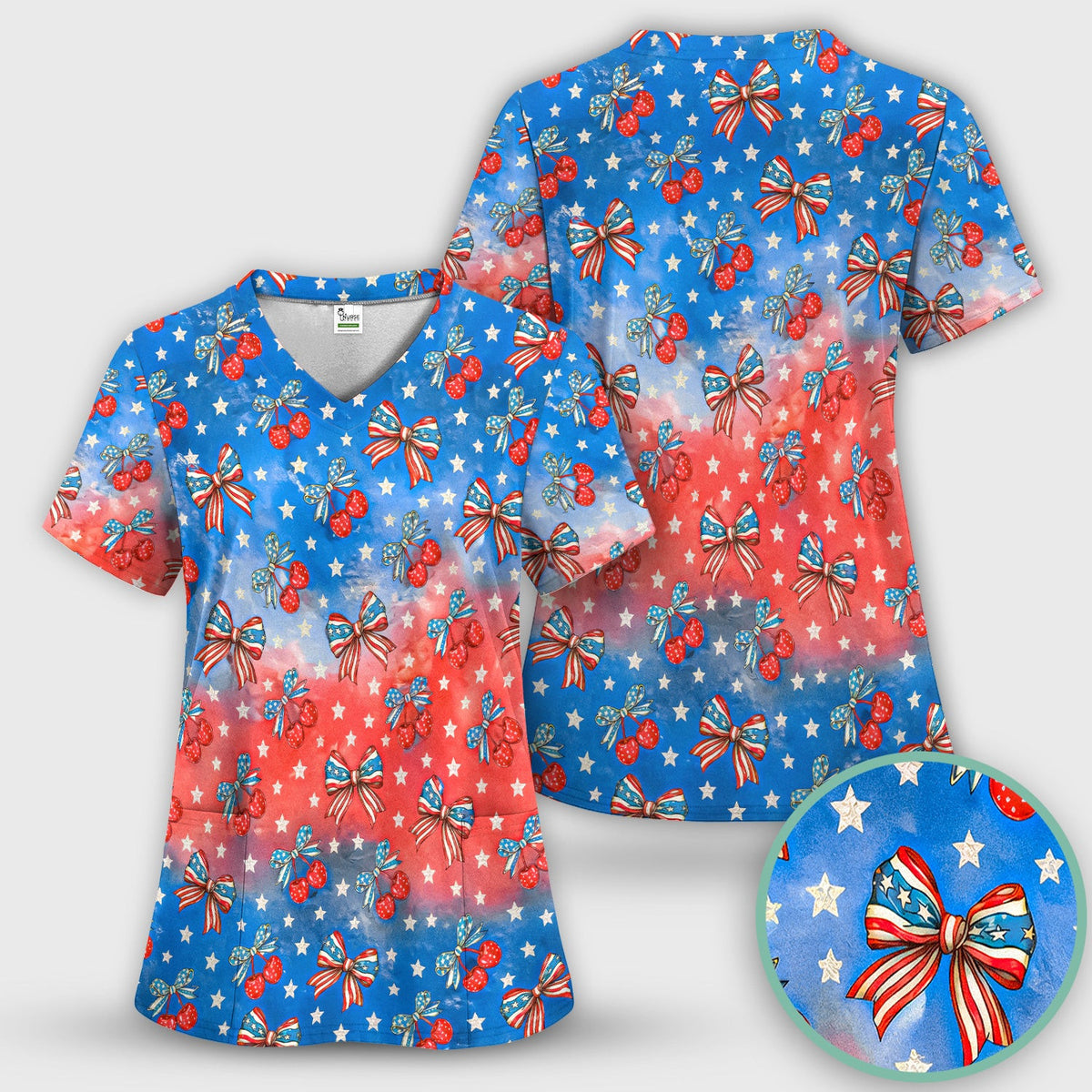 Festive Patriotic Star Bow Cherry Pattern Scrub Top, Comfortable Scrubs for Nurses